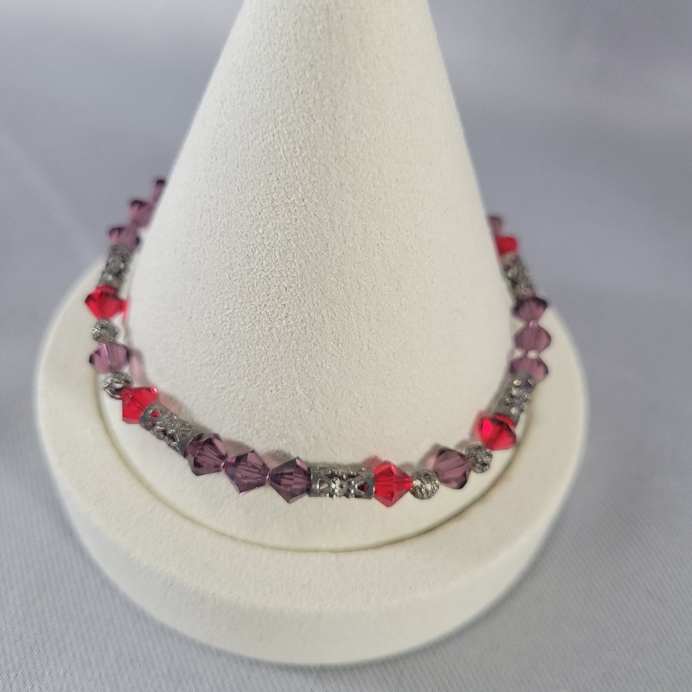 Sterling Silver Crystal Beaded Bracelet Women 7.25 Purple Red Filigree Toggle